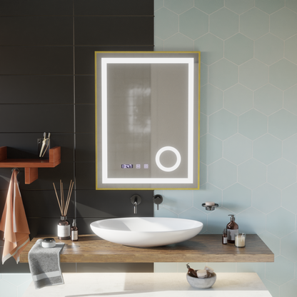 LED Touch CLARUS System odmgławiania lusterek, zegar i temperatura 60x80 cm Złota ramka Szczotkowane lusterka kosmetyczne Korman S Domyślny tytuł Alessandro Design