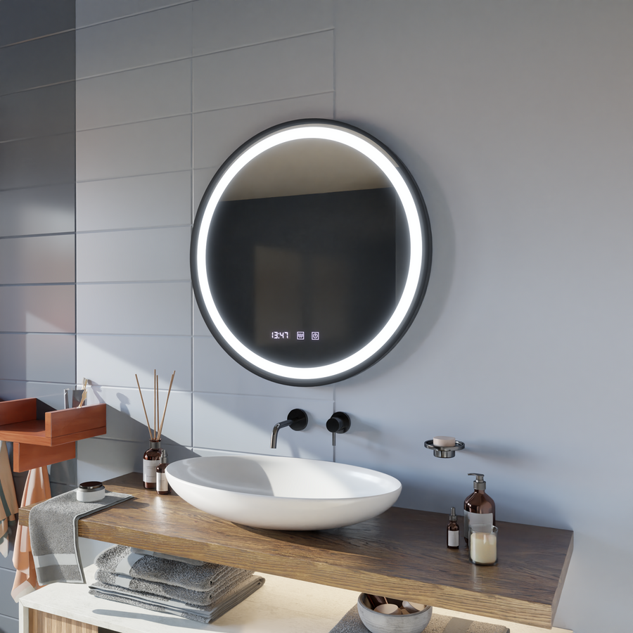 Lustro dotykowe LED NOVARA System odmgławiania, zegar i temperatura 50 cm Czarna rama Lustra szczotkowane Korman S Domyślny tytuł Alessandro Design