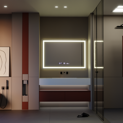 Prostokątne lustro LED 120x80cm Vérité MotionGlow Marcello, system odmgławiania, zegar i termometr, ściemniane lustra Marcello Domyślny tytuł Alessandro Design