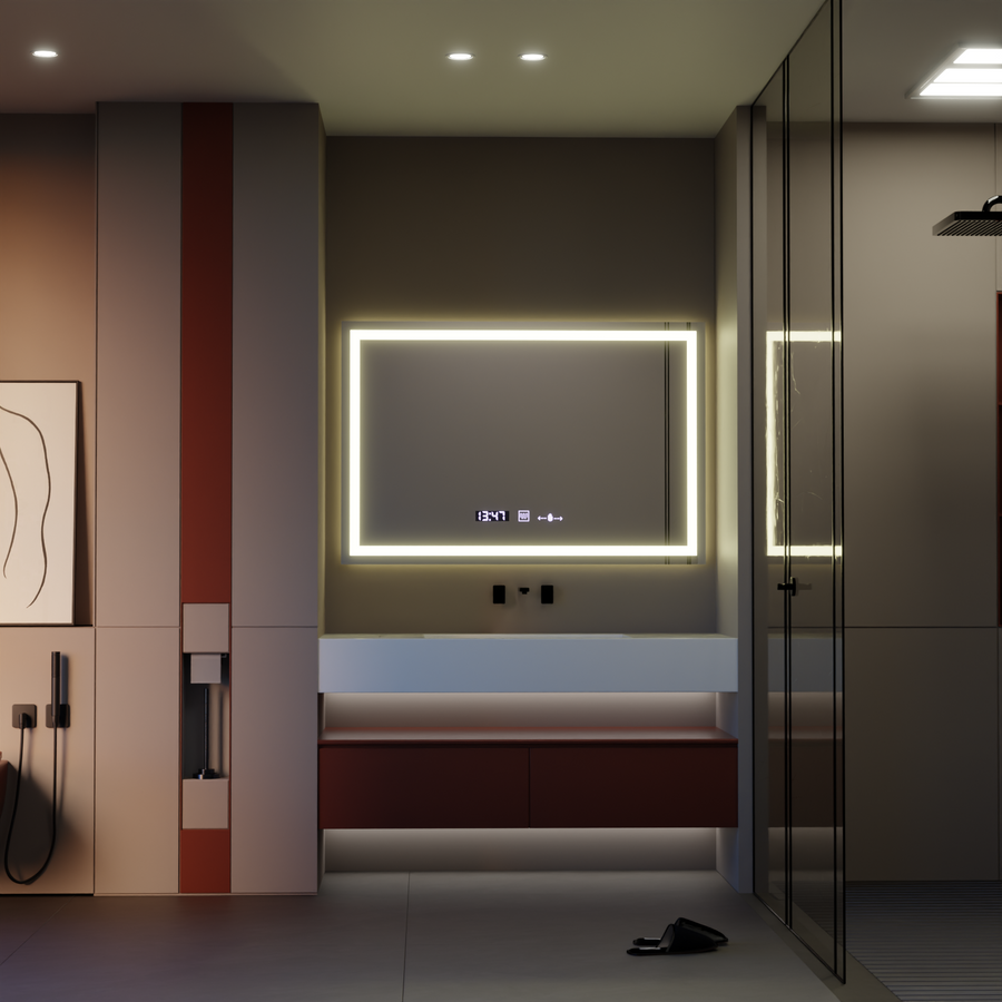Prostokątne lustro LED 120x80cm Vérité MotionGlow Marcello, system odmgławiania, zegar i termometr, ściemniane lustra Marcello Domyślny tytuł Alessandro Design