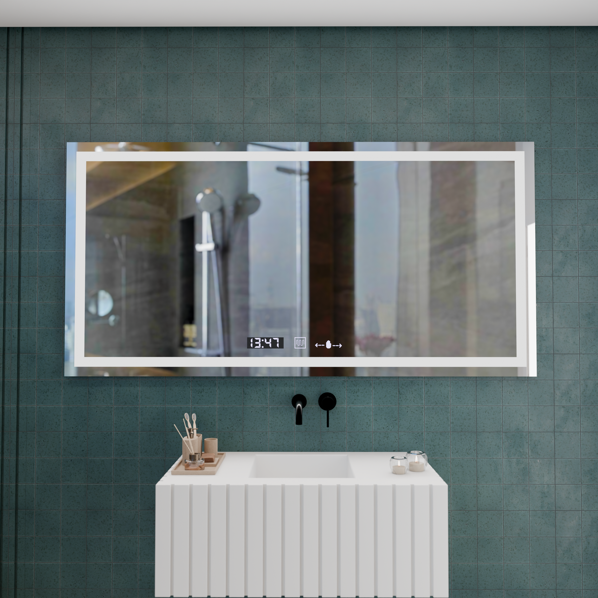Prostokątne lustro LED, 120x60cm, Verite MotionGlow Marcello, system odmgławiania, zegar i termometr, przyciemniane lustra Marcello Domyślny tytuł Alessandro Design