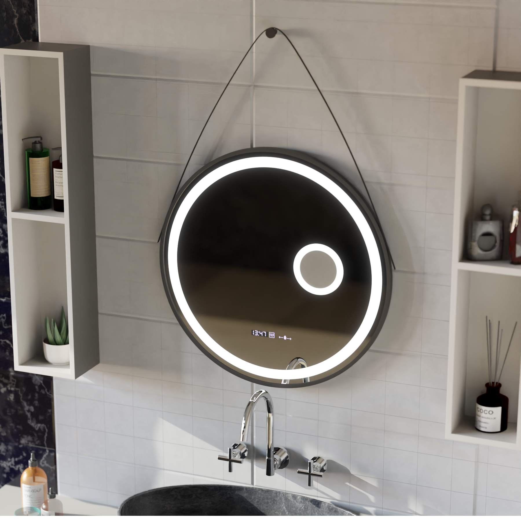 Okrągłe lustro LED, 11 W, 60 cm, czujnik Micah Marcello MotionGlow, system odmgławiania, zegar i termometr, lupa kosmetyczna, przyciemniane lustra Marcello Domyślny tytuł Alessandro Design