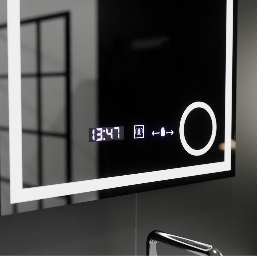 Prostokątne lustro LED, 60x60 cm, Souverain MotionGlow Marcello, system usuwania zamglenia, zegar i termometr, lupa kosmetyczna, przyciemniane lustra Marcello Domyślny tytuł Alessandro Design