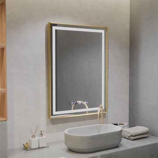 Prostokątne lustro LED, 60x80cm, Verite Royale Gold MotionGlow Marcello, system odmgławiania, zegar i termometr, możliwość przyciemniania