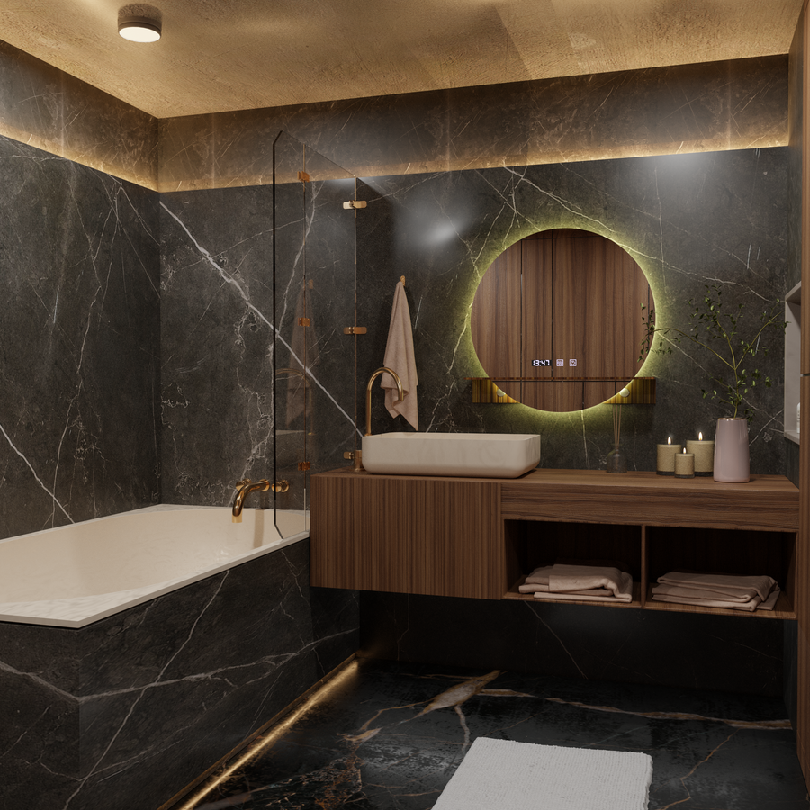 Lustro LED Touch Alfred System odmgławiania, zegar i temperatura 60x60 cm Ze zintegrowanymi lusterkami pomocniczymi Korman S Domyślny tytuł Alessandro Design