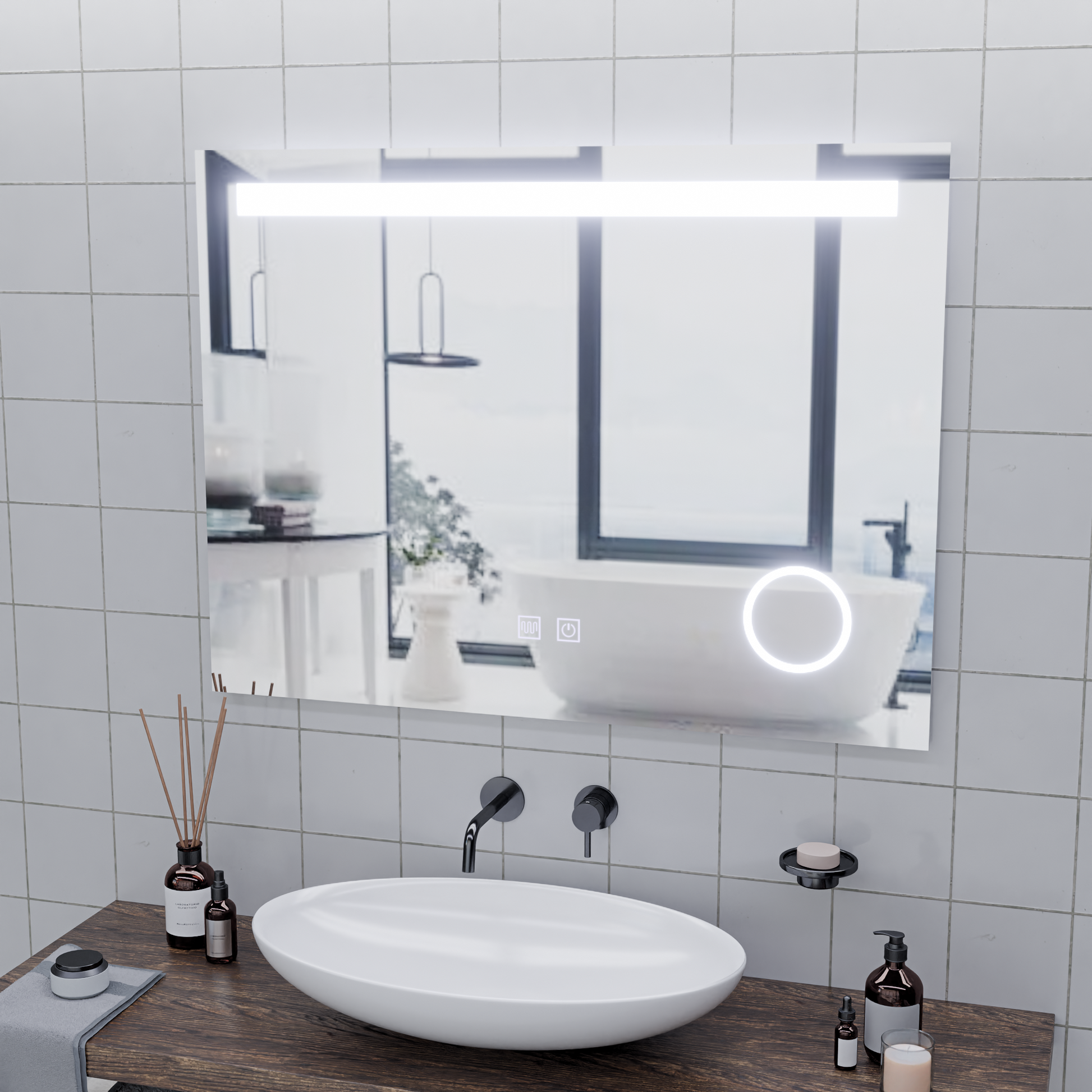 Prostokątne lustro LED, 80x60 cm, dotyk fortepianowy, system odmgławiania, możliwość przyciemniania, zimne światło 6000 K Lustra Korman E Domyślny tytuł Alessandro Design