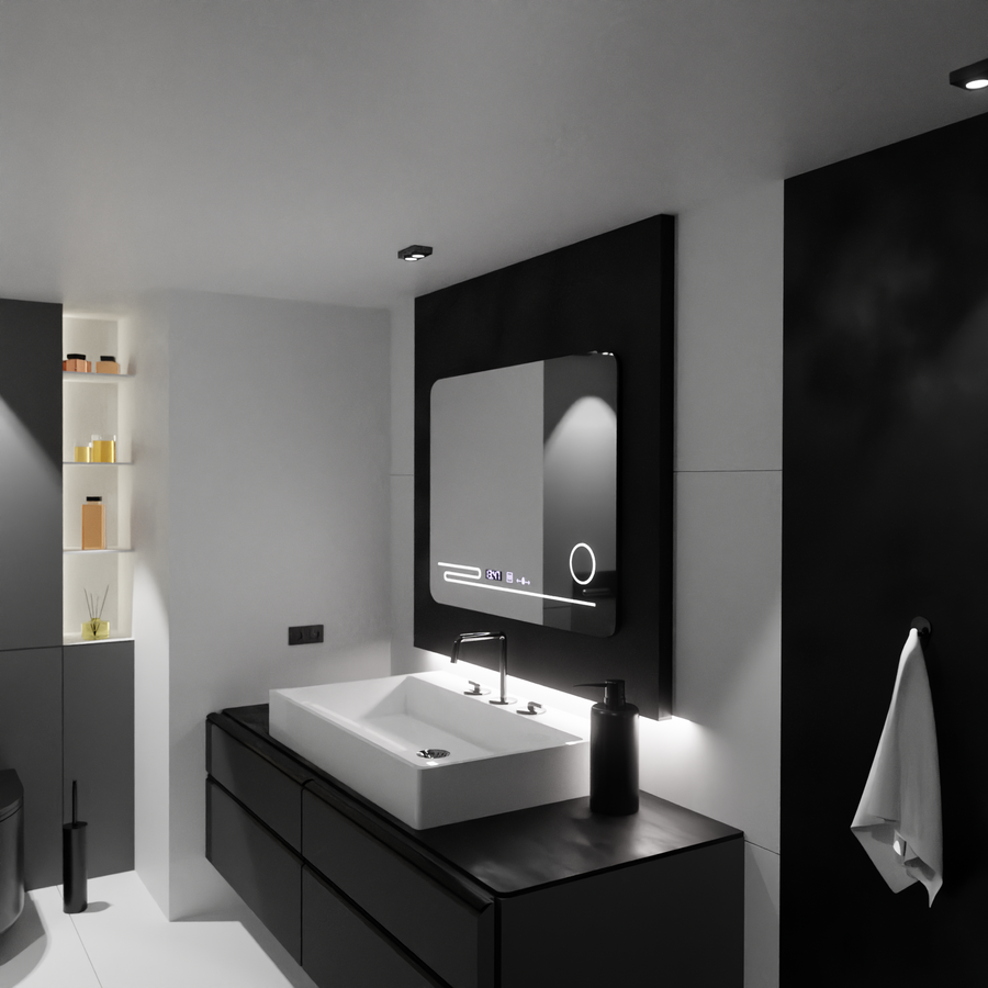 Prostokątne lustro LED, 80x60cm, Harmonie MotionGlow Marcello, system usuwania zamglenia, termometr i zegar, lupa kosmetyczna, przyciemniane lustra Marcello Domyślny tytuł Alessandro Design