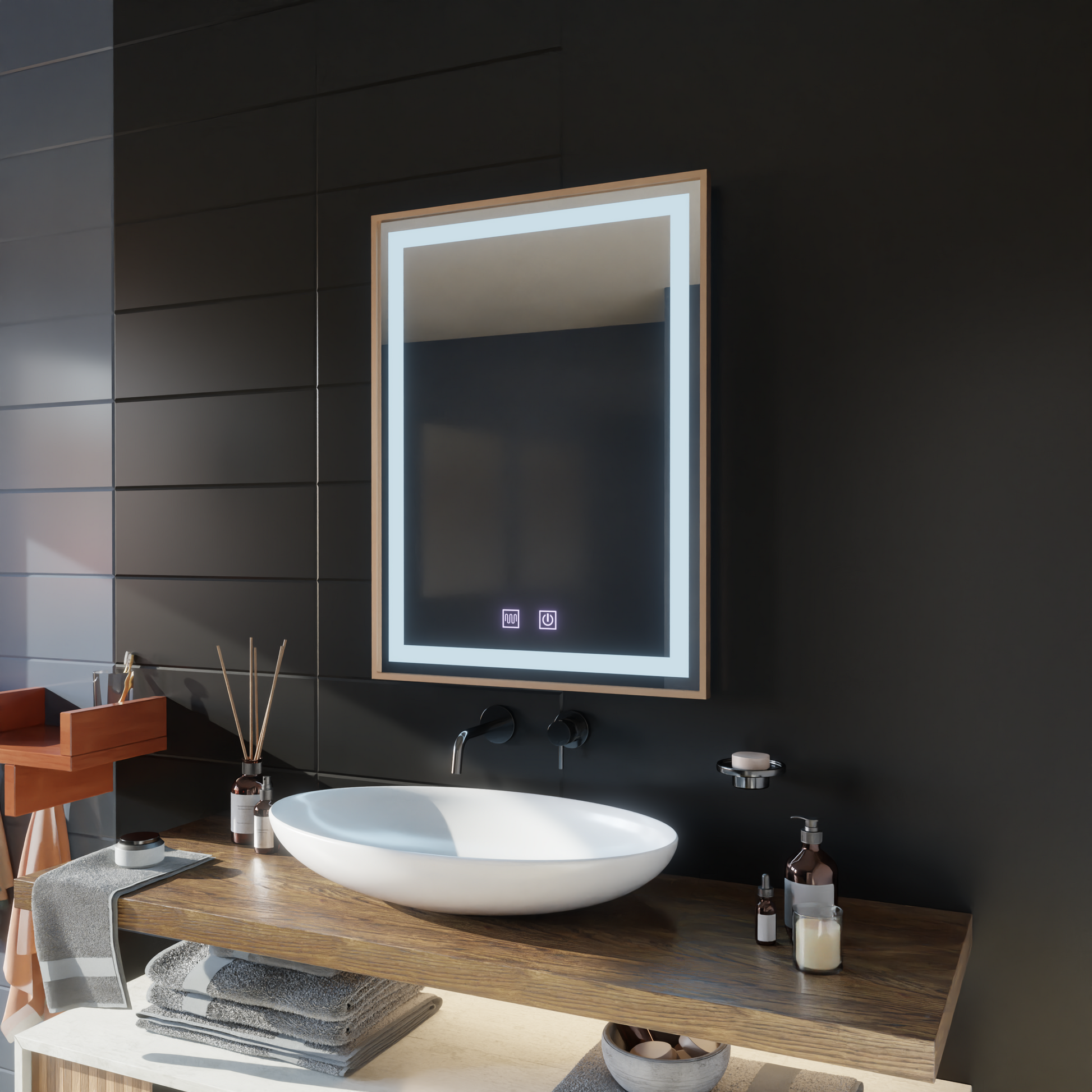 Lustro dotykowe Kariri LED, 60x80 cm, funkcja odmgławiania, lustra ze szczotkowaną ramą w kolorze złotej róży Korman E Domyślny tytuł Alessandro Design