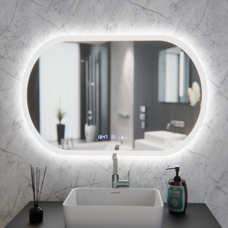 Owalne lustro LED, 80x50 cm, czujnik Altera Marcello MotionGlow, system przeciwmgielny, zegar i termometr, przyciemniane lustra Marcello Tytuł domyślny Alessandro Design