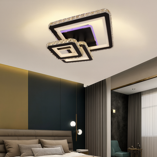 Żyrandol LED z pilotem i kryształem LEILA 88W, 3 kwadraty, światło zimne/ciepłe/neutralne, możliwość przyciemniania, czarny błyszczący chrom Żyrandole LED z pilotem Domyślny tytuł Alessandro Design