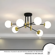 Okrągły żyrandol z białą kulą, salon PENTHOUSE, 6xE27, czarno-złoty, metalowe nowoczesne żyrandole domyślny tytuł Alessandro Design