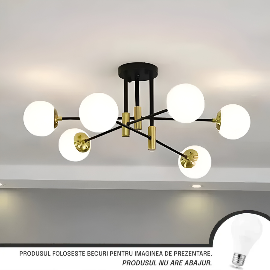 Okrągły żyrandol z białą kulą, salon PENTHOUSE, 6xE27, czarno-złoty, metalowe nowoczesne żyrandole domyślny tytuł Alessandro Design