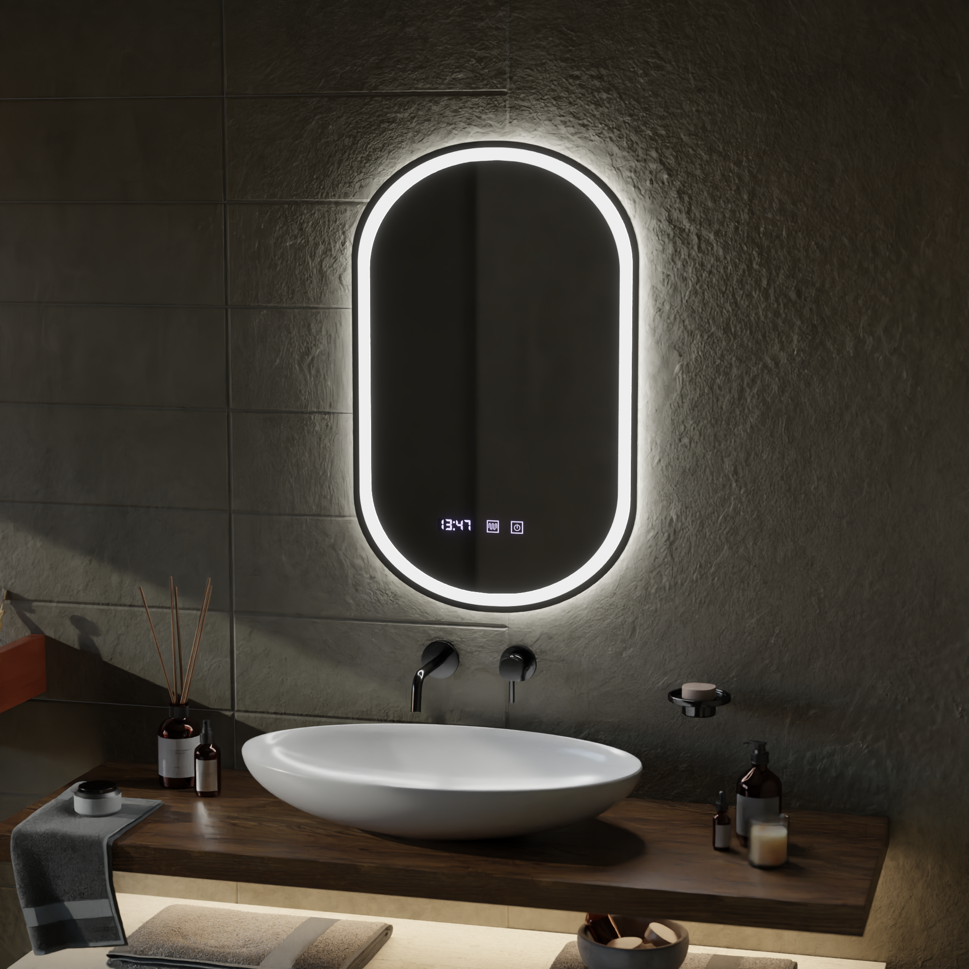 Lustro dotykowe LED ONIRA System przeciwmgielny, zegar i temperatura Lustra 50x80 cm Korman S Domyślny tytuł Alessandro Design