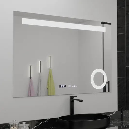Prostokątne lustro LED, 80x60cm, ABSOLU MotionGlow Marcello, system odmgławiania, zegar i termometr, lupa kosmetyczna, przyciemniane lustra Marcello Domyślny tytuł Alessandro Design