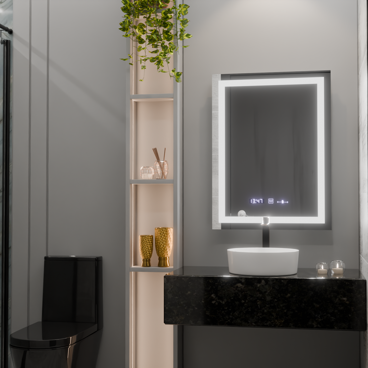 Prostokątne lustro LED, 75x90cm, Verite MotionGlow Marcello, system odmgławiania, zegar i termometr, przyciemniane lustra Marcello Domyślny tytuł Alessandro Design