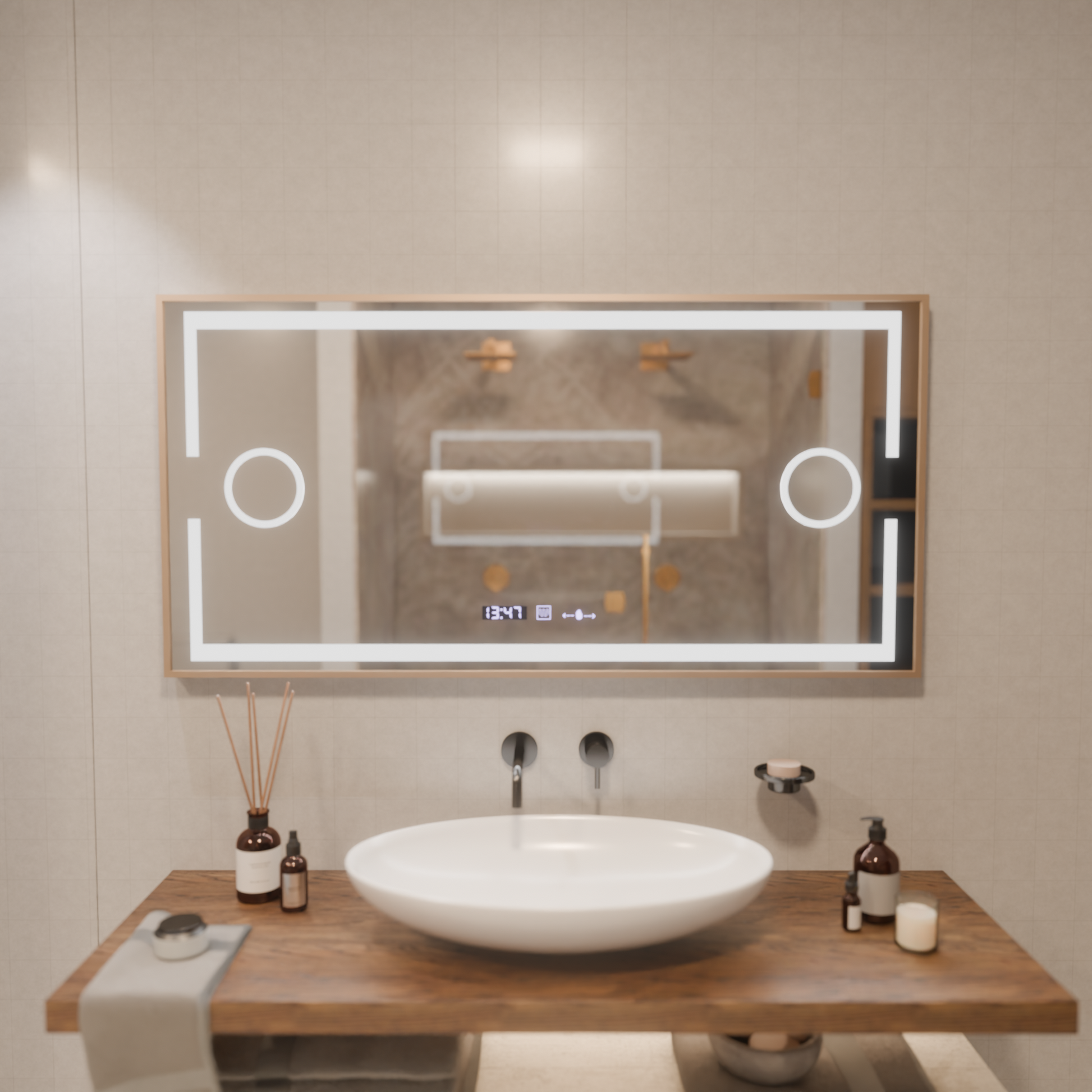 Lustro LED MotionGlow Sofia czujnik z funkcją odmgławiania Termometr Zegar 110x65 cm Światło ciepłe/zimne/neutralne Możliwość przyciemniania, Ramka w kolorze różowego złota, Kolekcja Marcello Funghi Lustra Marcello Domyślny tytuł Alessandro Design