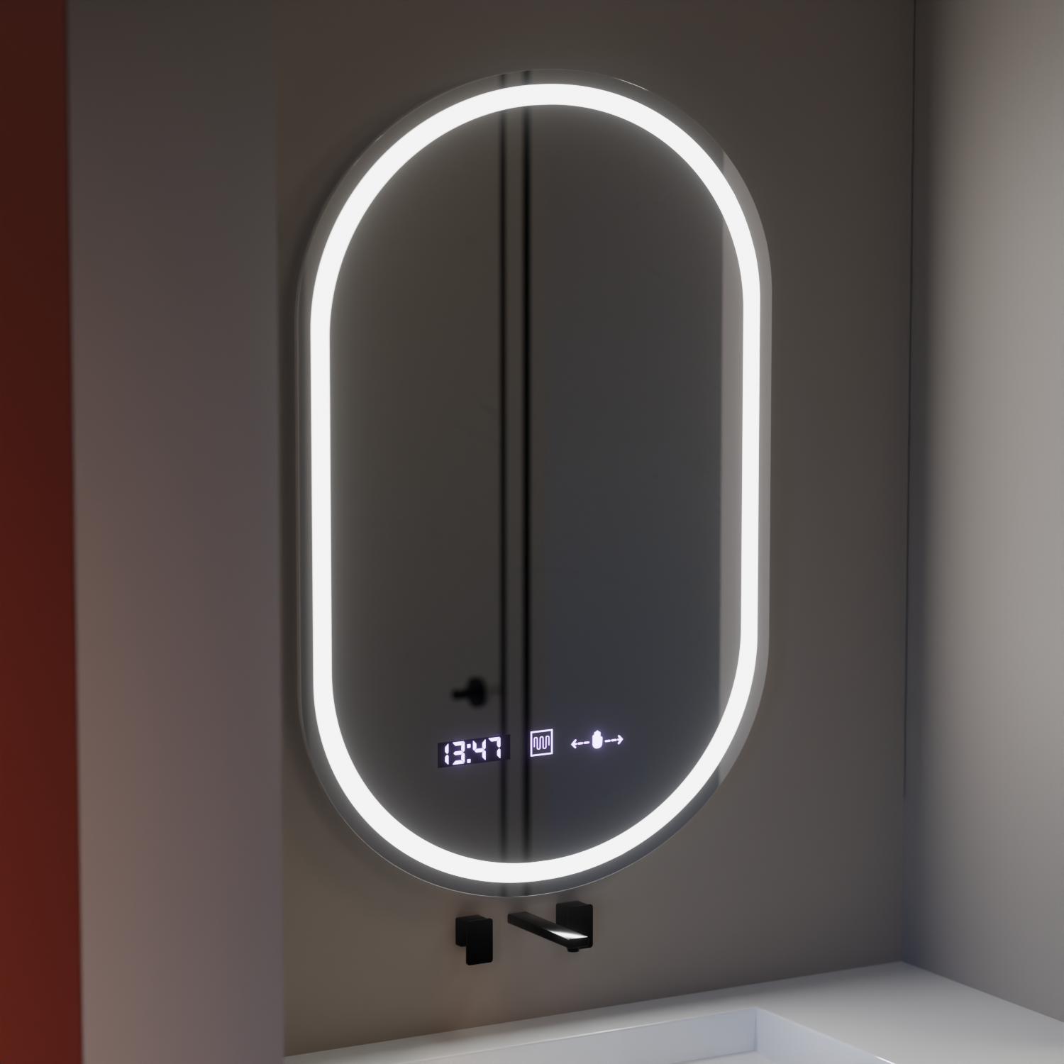Owalne lustro LED, 50x80cm, Eminence MotionGlow Marcello, system odmgławiania, zegar i termometr, przyciemniane lustra Marcello Domyślny tytuł Alessandro Design