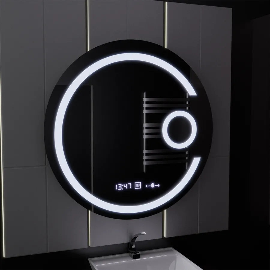 Okrągłe lustro LED, 22 W, 70 cm, Visio MotionGlow Marcello, system usuwania zamglenia, zegar i termometr, lupa kosmetyczna, przyciemniane lustra Marcello Domyślny tytuł Alessandro Design