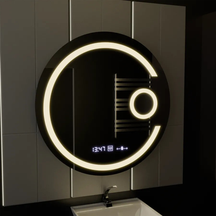 Okrągłe lustro LED, 22 W, 70 cm, Visio MotionGlow Marcello, system usuwania zamglenia, zegar i termometr, lupa kosmetyczna, przyciemniane lustra Marcello Domyślny tytuł Alessandro Design
