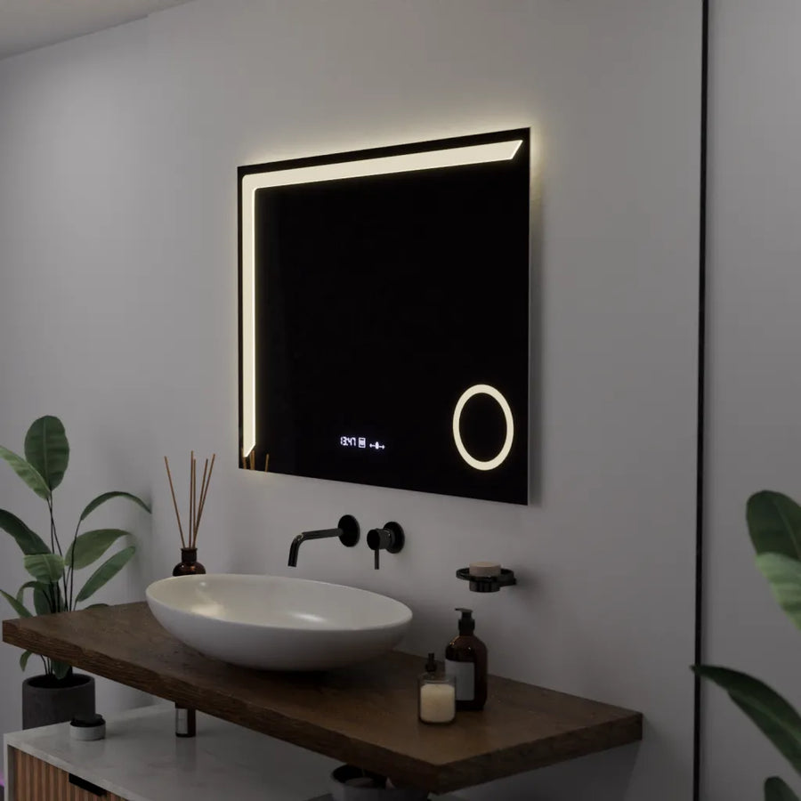 Prostokątne lustro LED, 80x60 cm, Precision MotionGlow Marcello, system usuwania zamglenia, zegar i termometr, lupa kosmetyczna, przyciemniane lustra Marcello Domyślny tytuł Alessandro Design