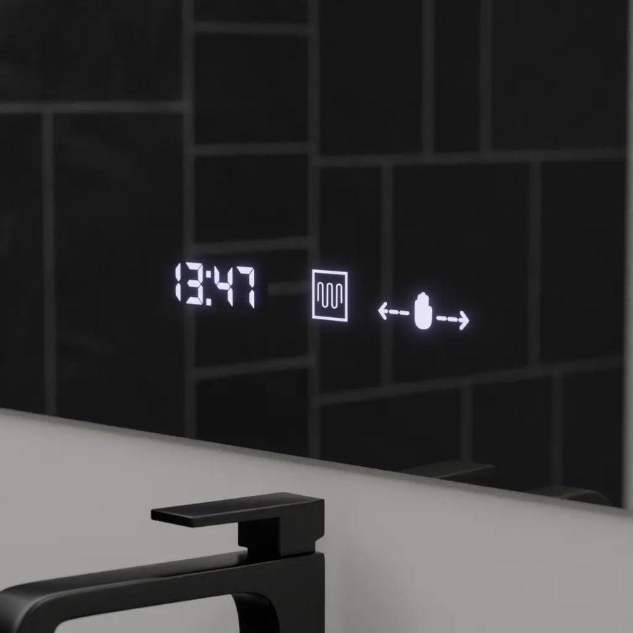 Prostokątne lustro LED, 120x80cm, ABSOLU MotionGlow Marcello, system odmgławiania, zegar i termometr, lupa kosmetyczna, przyciemniane lustra Marcello Domyślny tytuł Alessandro Design
