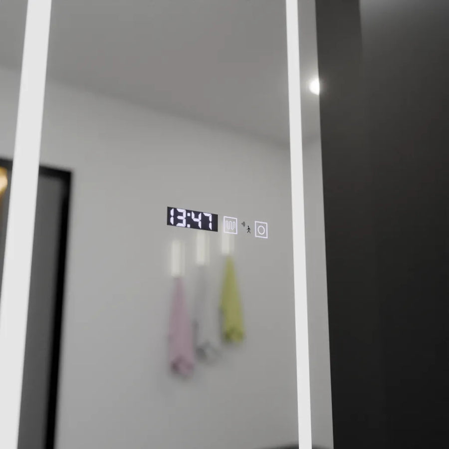 Prostokątne lustro LED, 45x140 cm, czujnik radarowy Giulia Marcello, system odmgławiania, zegar i termometr, Dimabila, lusterka Dressing Couture Domyślny tytuł Alessandro Design
