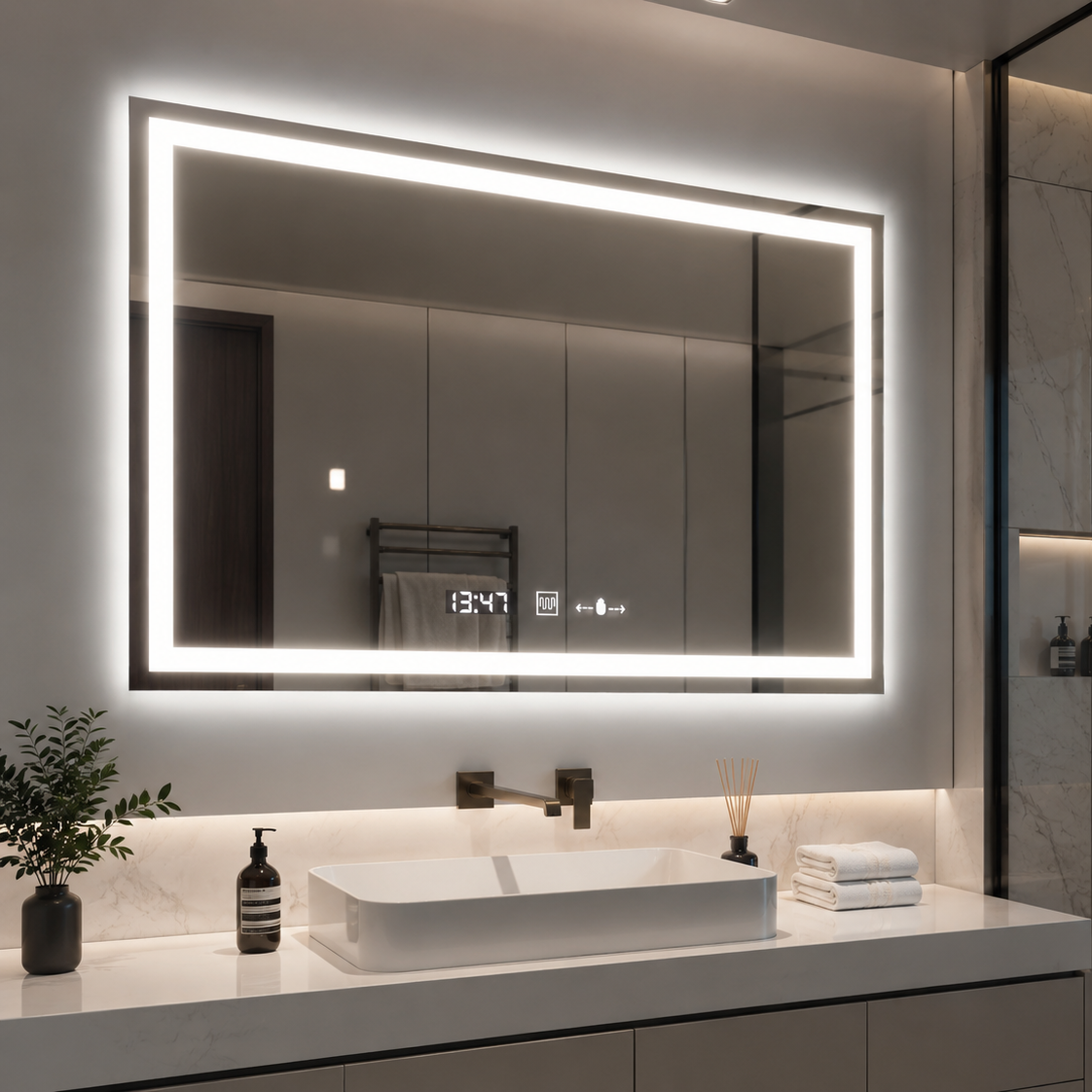 Prostokątne lustro LED 120x80cm Vérité MotionGlow Marcello, system odmgławiania, zegar i termometr, ściemniane lustra Marcello Domyślny tytuł Alessandro Design
