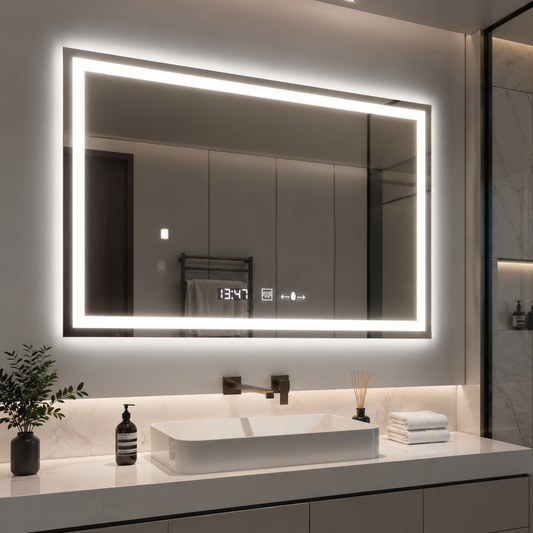 Prostokątne lustro LED 120x80cm Vérité MotionGlow Marcello, system odmgławiania, zegar i termometr, ściemniane lustra Marcello Domyślny tytuł Alessandro Design