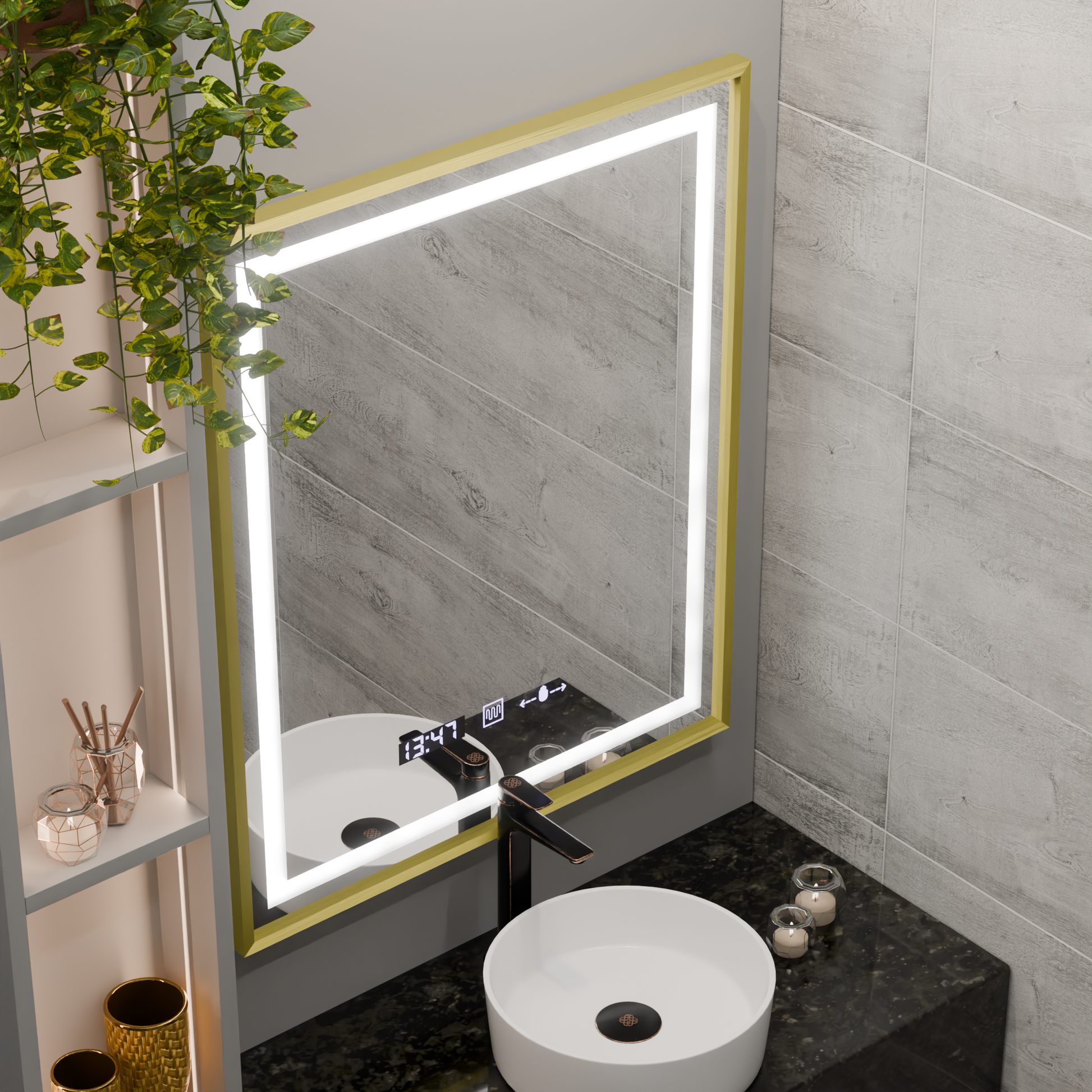 Prostokątne lustro LED, 75x90 cm, Verite Royale Gold MotionGlow Marcello, system odmgławiania, zegar i termometr, przyciemniane lustra Marcello Domyślny tytuł Alessandro Design
