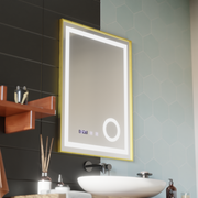 LED Touch CLARUS System odmgławiania lusterek, zegar i temperatura 60x80 cm Złota ramka Szczotkowane lusterka kosmetyczne Korman S Domyślny tytuł Alessandro Design