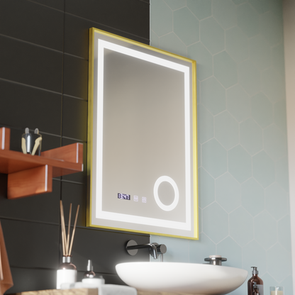 LED Touch CLARUS System odmgławiania lusterek, zegar i temperatura 60x80 cm Złota ramka Szczotkowane lusterka kosmetyczne Korman S Domyślny tytuł Alessandro Design