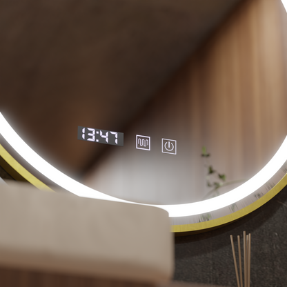 Lustro dotykowe LUSSO LED, system odmgławiania, zegar i temperatura, średnica 60 cm, rama ze szczotkowanego złota, ciepłe, zimne, neutralne światło 3000 K/4500 K/6000 K, ściemniane lustra Korman S Tytuł domyślny Alessandro Design