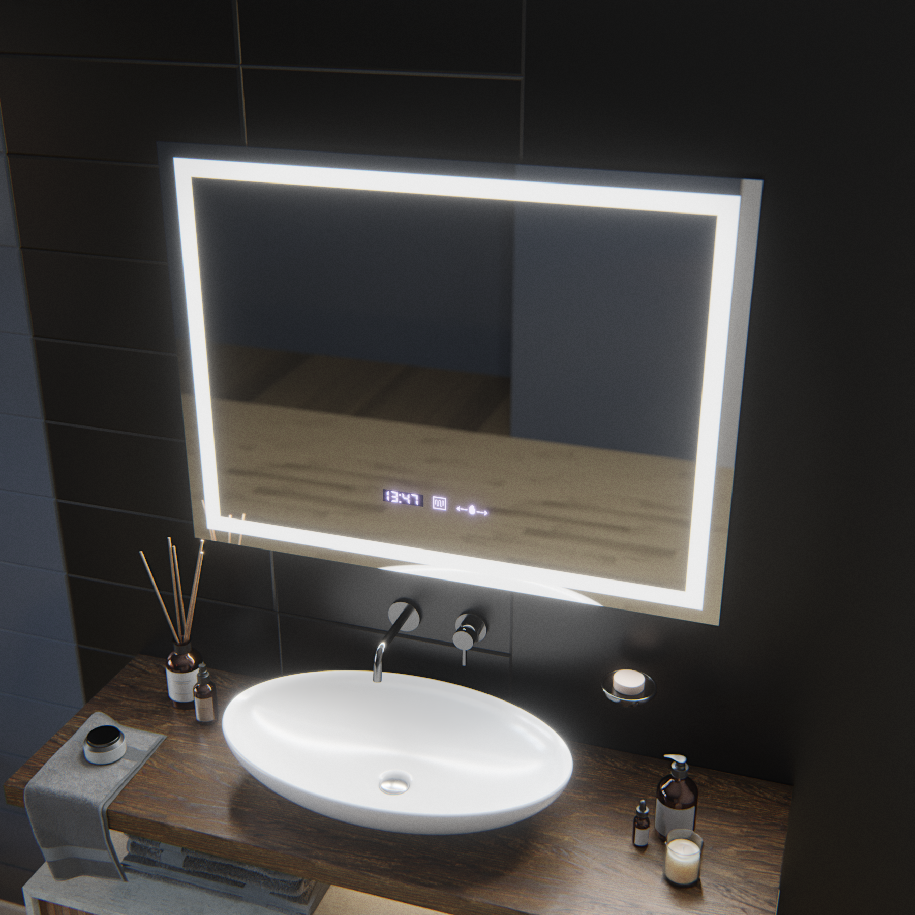 Prostokątne lustro LED, 100x75 cm, Verite MotionGlow Marcello, system usuwania zamglenia, zegar i termometr, przyciemniane lustra Marcello Tytuł domyślny Alessandro Design