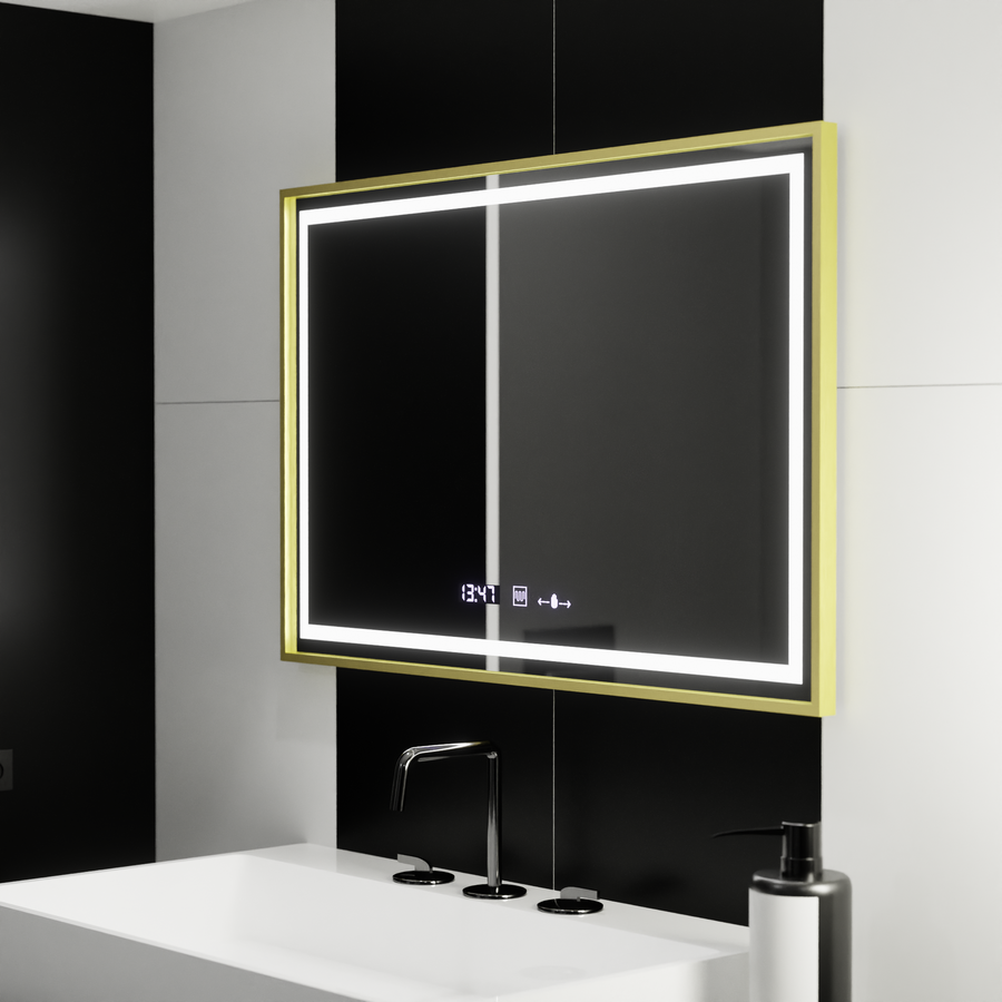 Prostokątne lustro LED, 100x65 cm, Verite Royale Gold Motion Glow Marcello, system odmgławiania, zegar i termometr, przyciemniane lustra Marcello Domyślny tytuł Alessandro Design