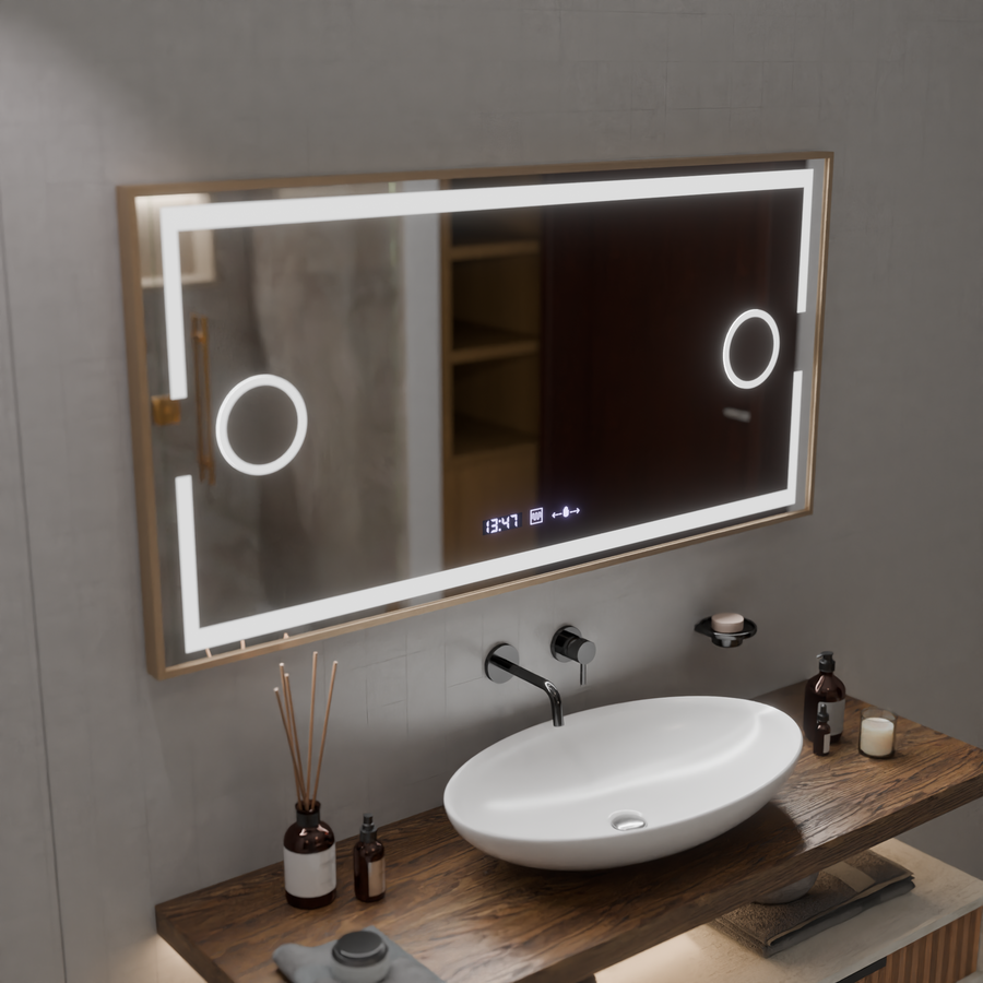 Lustro LED MotionGlow Sofia czujnik z funkcją odmgławiania Termometr Zegar 110x65 cm Światło ciepłe/zimne/neutralne Możliwość przyciemniania, Ramka w kolorze różowego złota, Kolekcja Marcello Funghi Lustra Marcello Domyślny tytuł Alessandro Design