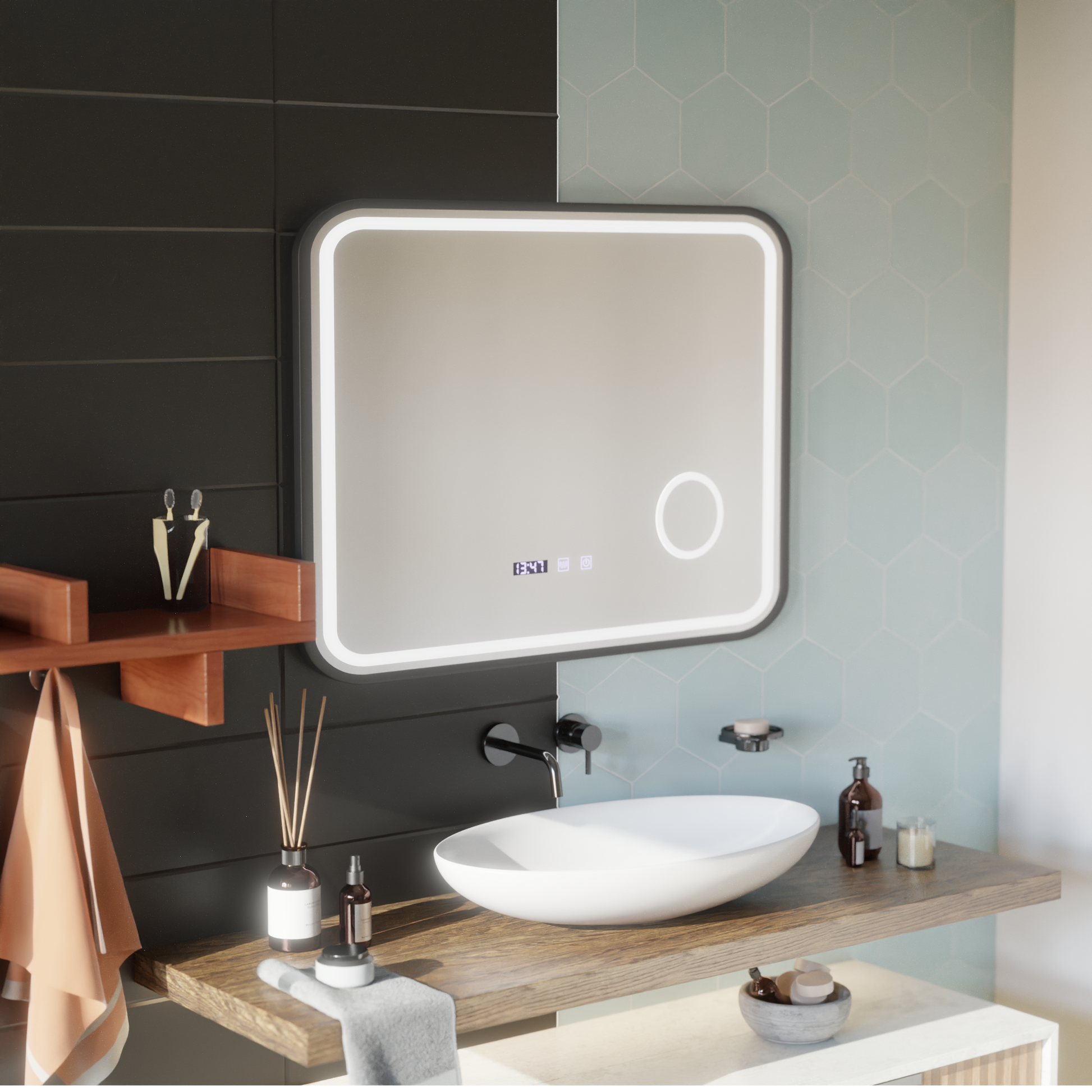 LED Touch Bernd System odmgławiania lusterek, zegar i temperatura 80x60 cm Czarna ramka Szczotkowane lusterka kosmetyczne Korman S Domyślny tytuł Alessandro Design
