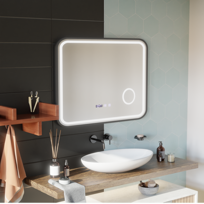 LED Touch Bernd System odmgławiania lusterek, zegar i temperatura 80x60 cm Czarna ramka Szczotkowane lusterka kosmetyczne Korman S Domyślny tytuł Alessandro Design