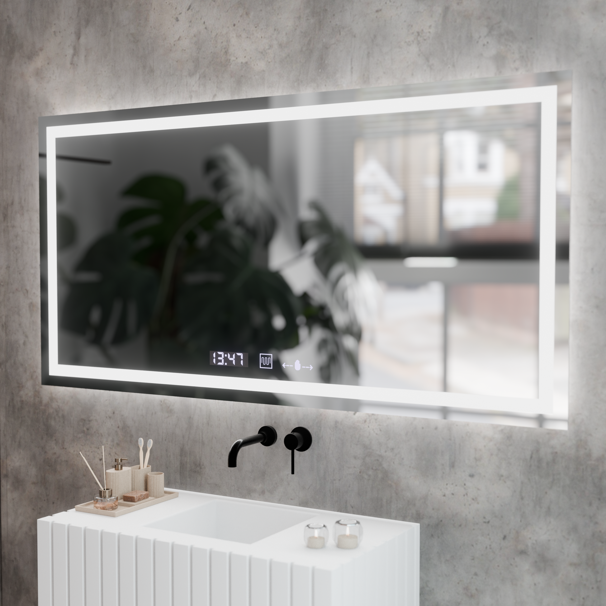 Prostokątne lustro LED, 120x60cm, Verite MotionGlow Marcello, system odmgławiania, zegar i termometr, przyciemniane lustra Marcello Domyślny tytuł Alessandro Design