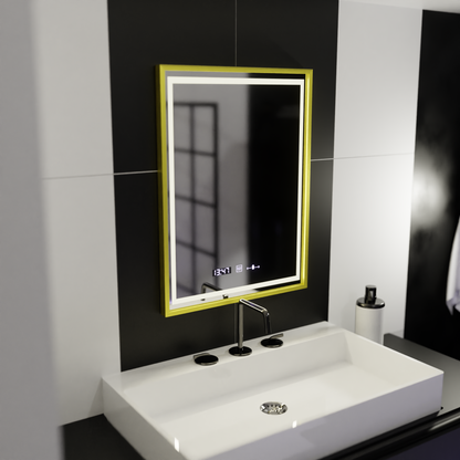 Prostokątne lustro LED, 50x70 cm, Verite Royale Gold Motion Glow Marcello, system przeciwmgielny, zegar i termometr, przyciemniane lustra Marcello Domyślny tytuł Alessandro Design