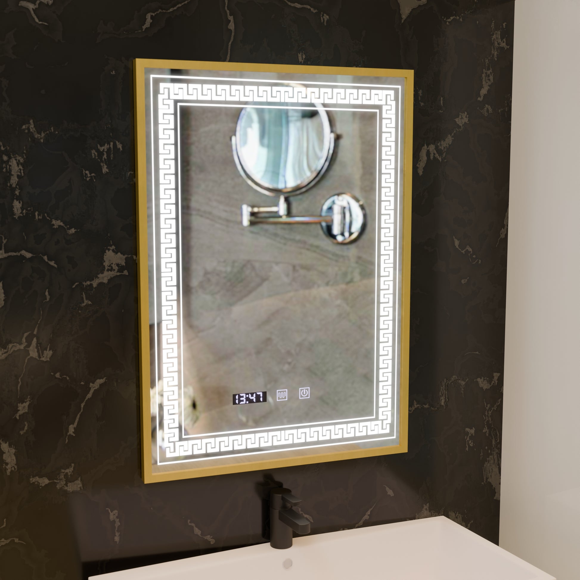 Lustro LED Touch Bruno Demister System, zegar i temperatura 60x80 cm ramka ze szczotkowanego złota, lustra S84/60X80 Korman S Domyślny tytuł Alessandro Design