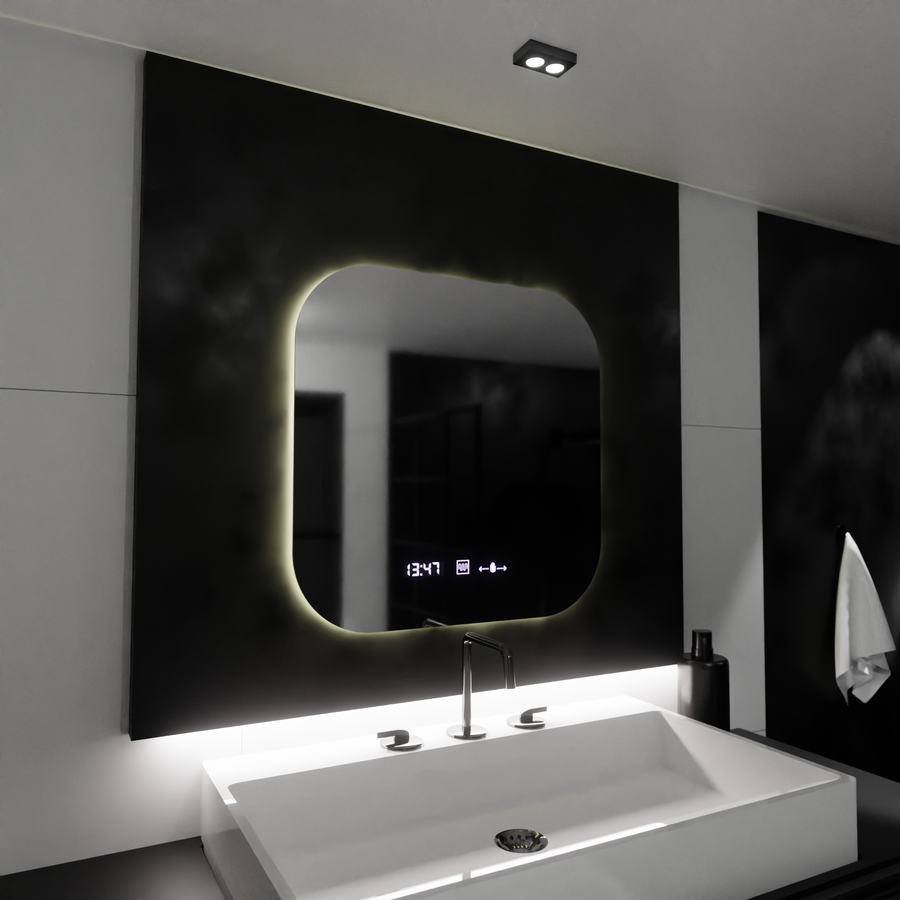 Prostokątne lustro LED 60x60 Aura Riflesso Puro MotionGlow Marcello, system odmgławiania, termometr i zegar, ściemniane lustra Marcello Domyślny tytuł Alessandro Design