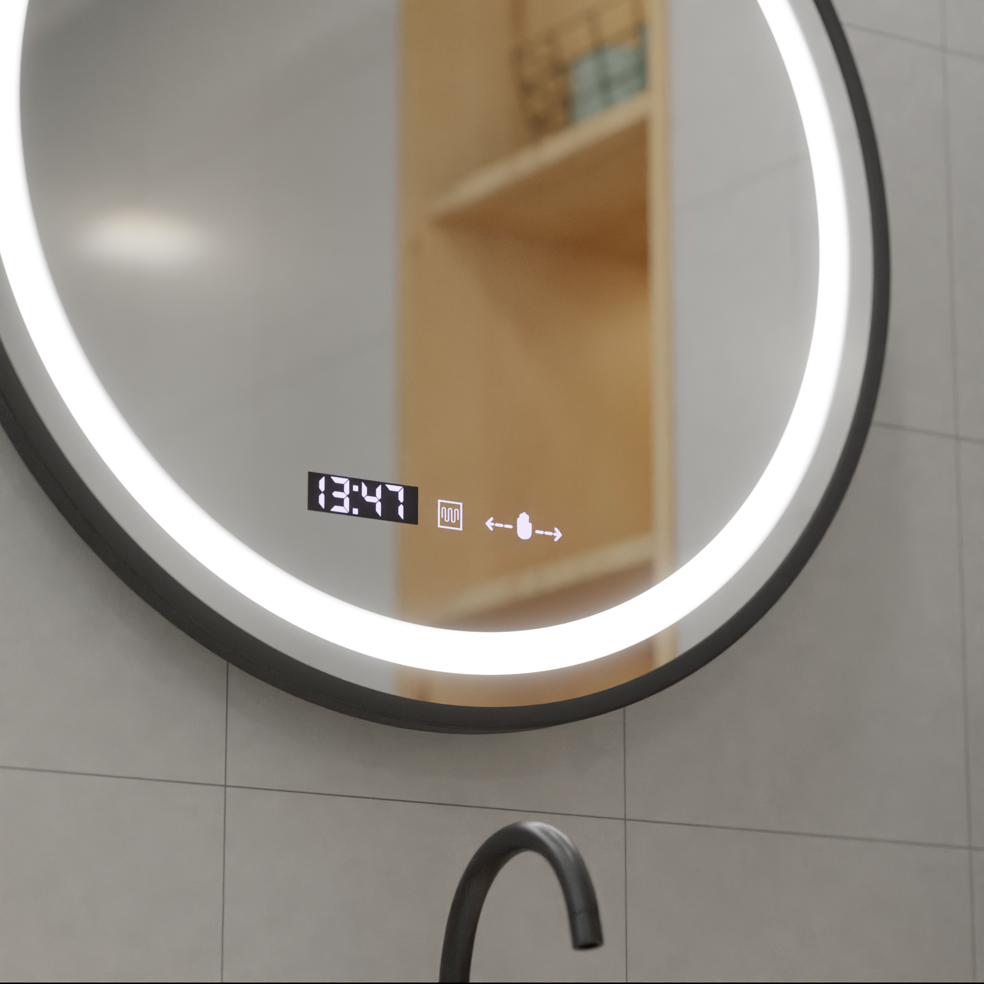 Okrągłe lustro LED, 100 cm, Celeste Majesté Noir MotionGlow Marcello, system przeciwmgielny, zegar i termometr, przyciemniane lustra Marcello Domyślny tytuł Alessandro Design