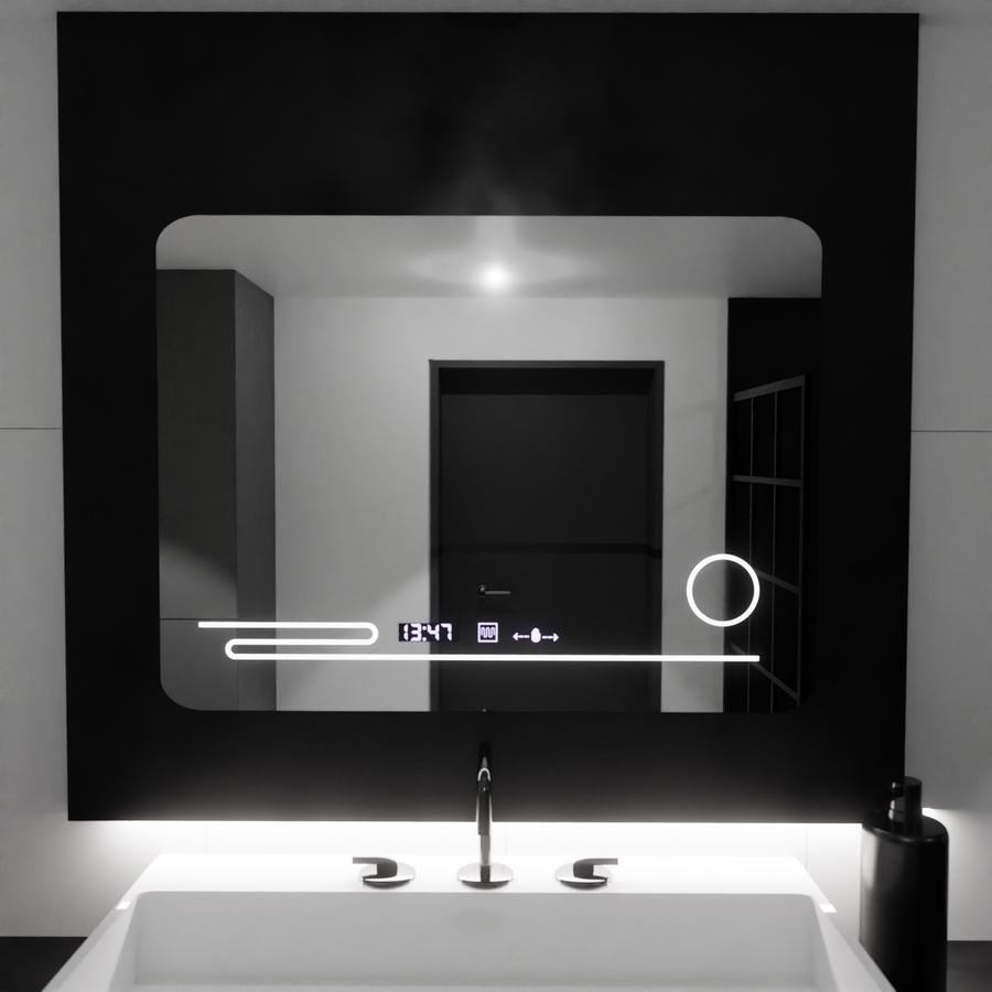 Prostokątne lustro LED, 80x60cm, Harmonie MotionGlow Marcello, system usuwania zamglenia, termometr i zegar, lupa kosmetyczna, przyciemniane lustra Marcello Domyślny tytuł Alessandro Design