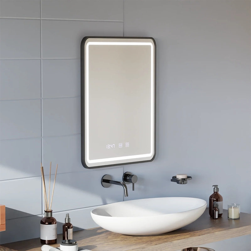 Lustro LED Touch LUCIDA System odmgławiania, zegar i temperatura 60x80 cm Czarna szczotkowana rama