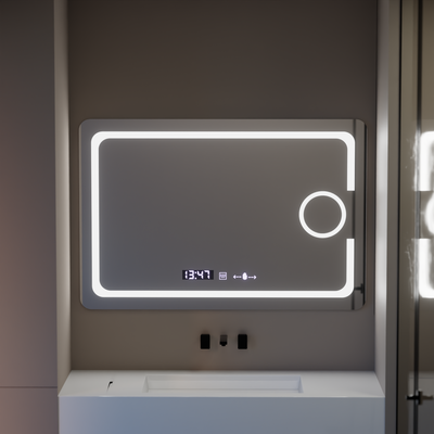 Prostokątne lustro LED, 110x75 cm, Eclat Motionglow Marcello, zastępca systemu, zegar i termometr, kosmetyki