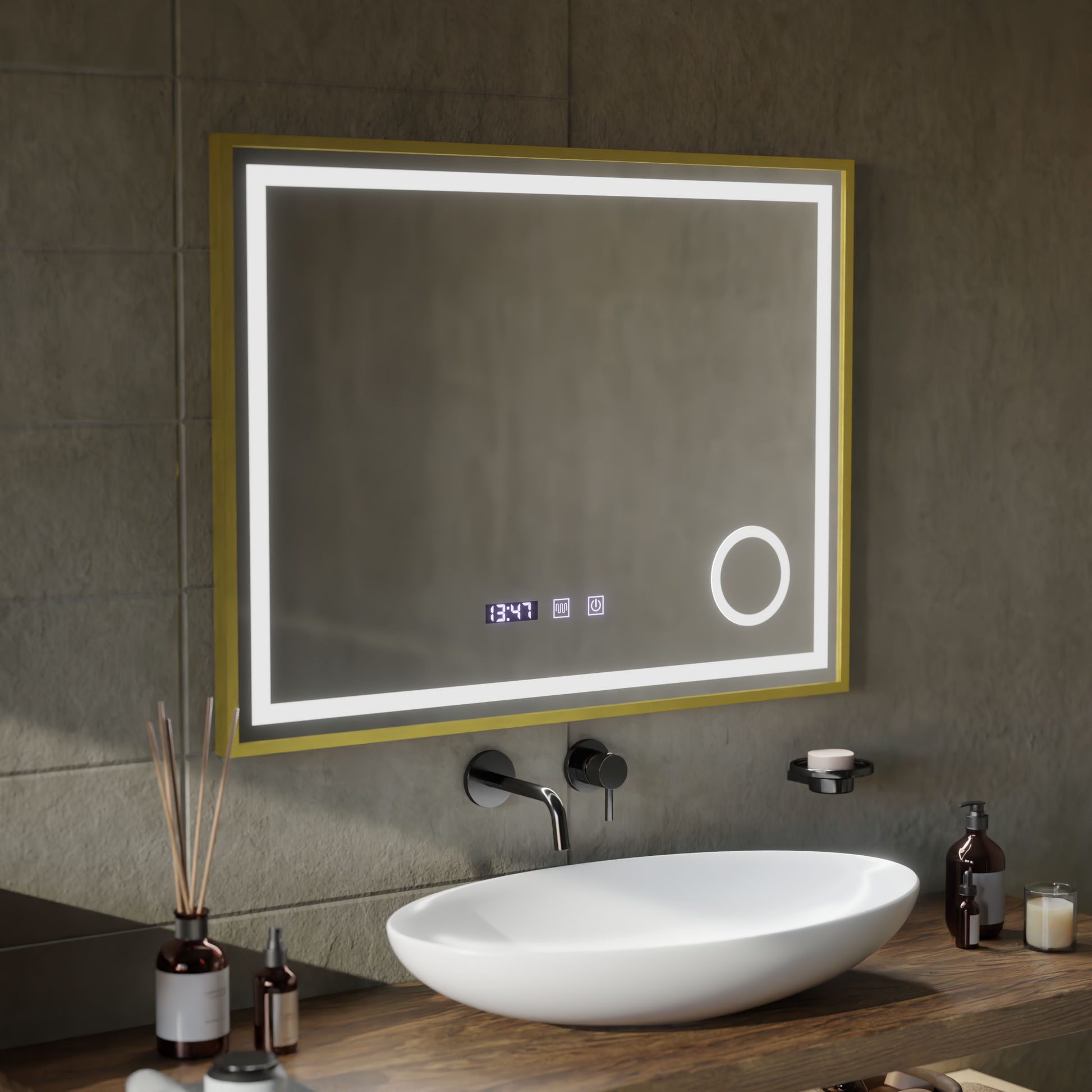 LED Touch CLARUS System odmgławiania lusterek, zegar i temperatura 80x60 cm Złota ramka Szczotkowane lusterka kosmetyczne Korman S Domyślny tytuł Alessandro Design