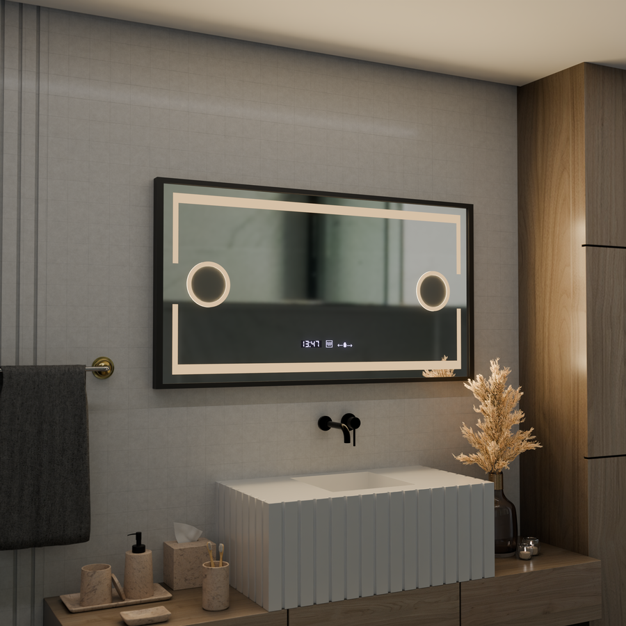 Lustro LED MotionGlow Domingo czujnik z funkcją odmgławiania Termometr Zegar 120x65 cm Możliwość przyciemniania Światło zimne/ciepłe/neutralne, Szczotkowana czarna ramka, kolekcja Marcello Funghi Lustra Marcello Domyślny tytuł Alessandro Design