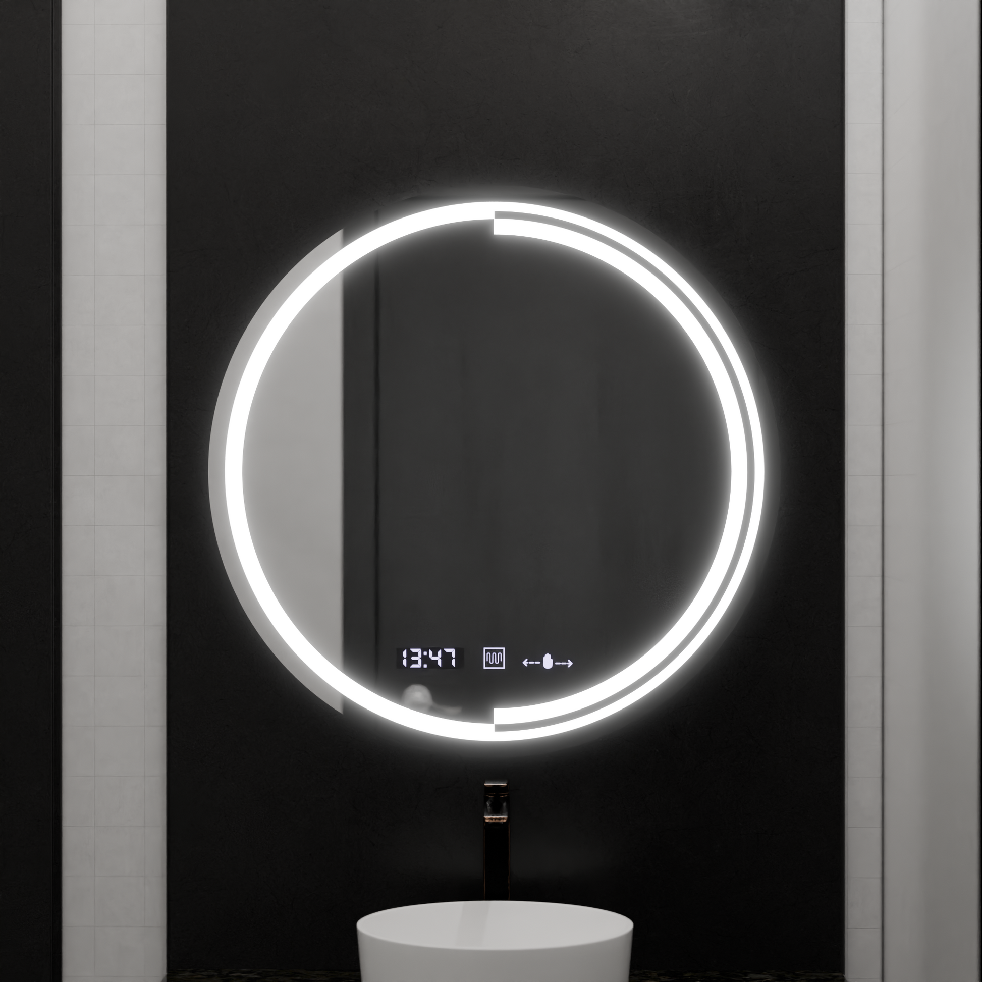Okrągłe lustro LED, 60 cm, czujnik MotionGlow Consuel Marcello, system odmgławiania, zegar i termometr, przyciemniane lustra Marcello Domyślny tytuł Alessandro Design