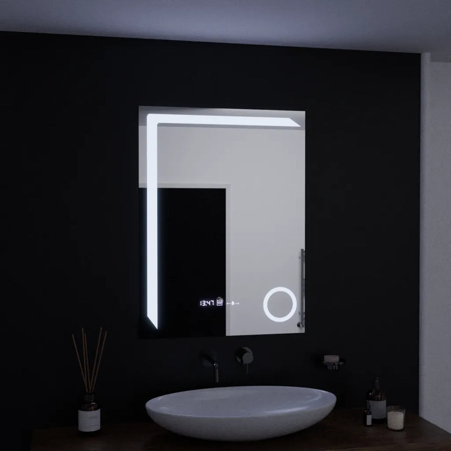 Prostokątne lustro LED, 60x80 cm, Precision MotionGlow Marcello, system usuwania zamglenia, zegar i termometr, lupa kosmetyczna, przyciemniane lustra Marcello Domyślny tytuł Alessandro Design