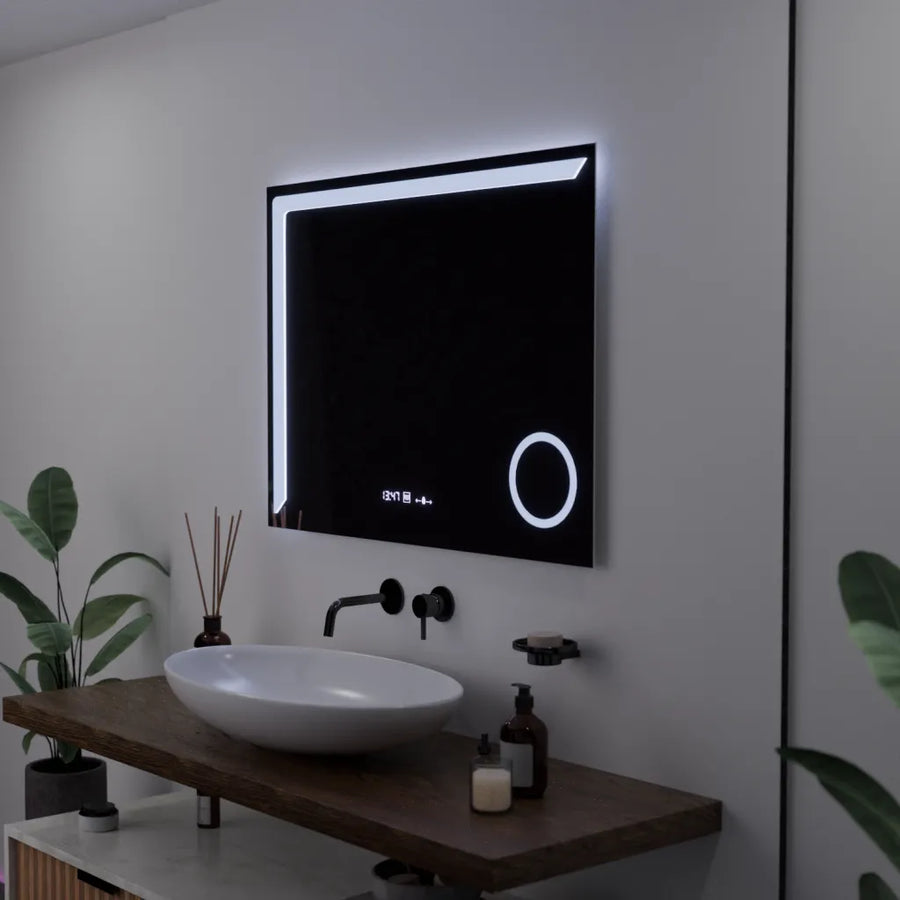 Prostokątne lustro LED, 80x60 cm, Precision MotionGlow Marcello, system usuwania zamglenia, zegar i termometr, lupa kosmetyczna, przyciemniane lustra Marcello Domyślny tytuł Alessandro Design